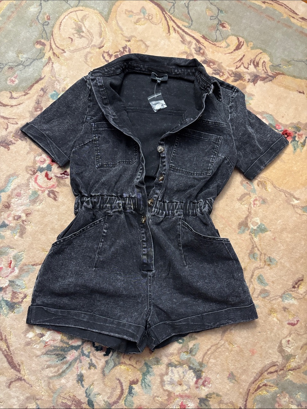 Vici Washed Black Denim Short Sleeve Romper